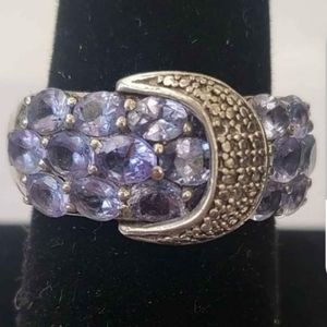 Tanzanitebelt ring with diamond accents sterling silver size 6